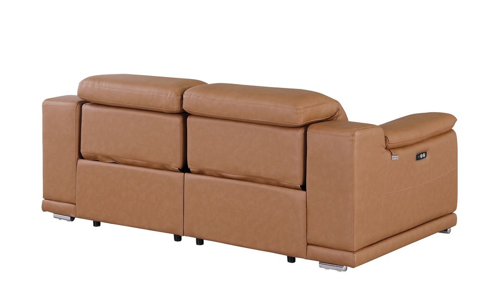 93" Chestnut and Silver Italian Leather Power Reclining Loveseat With Storage