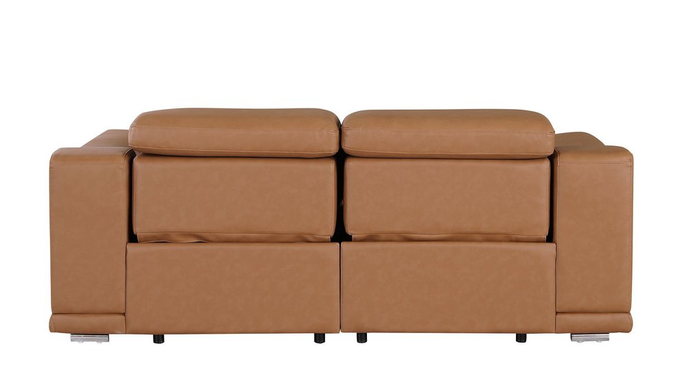 93" Chestnut and Silver Italian Leather Power Reclining Loveseat With Storage