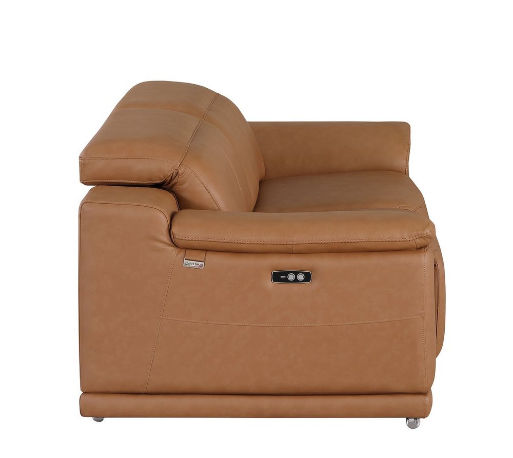 93" Chestnut and Silver Italian Leather Power Reclining Loveseat With Storage