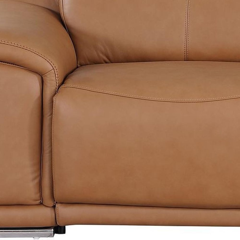 93" Chestnut and Silver Italian Leather Power Reclining Loveseat With Storage