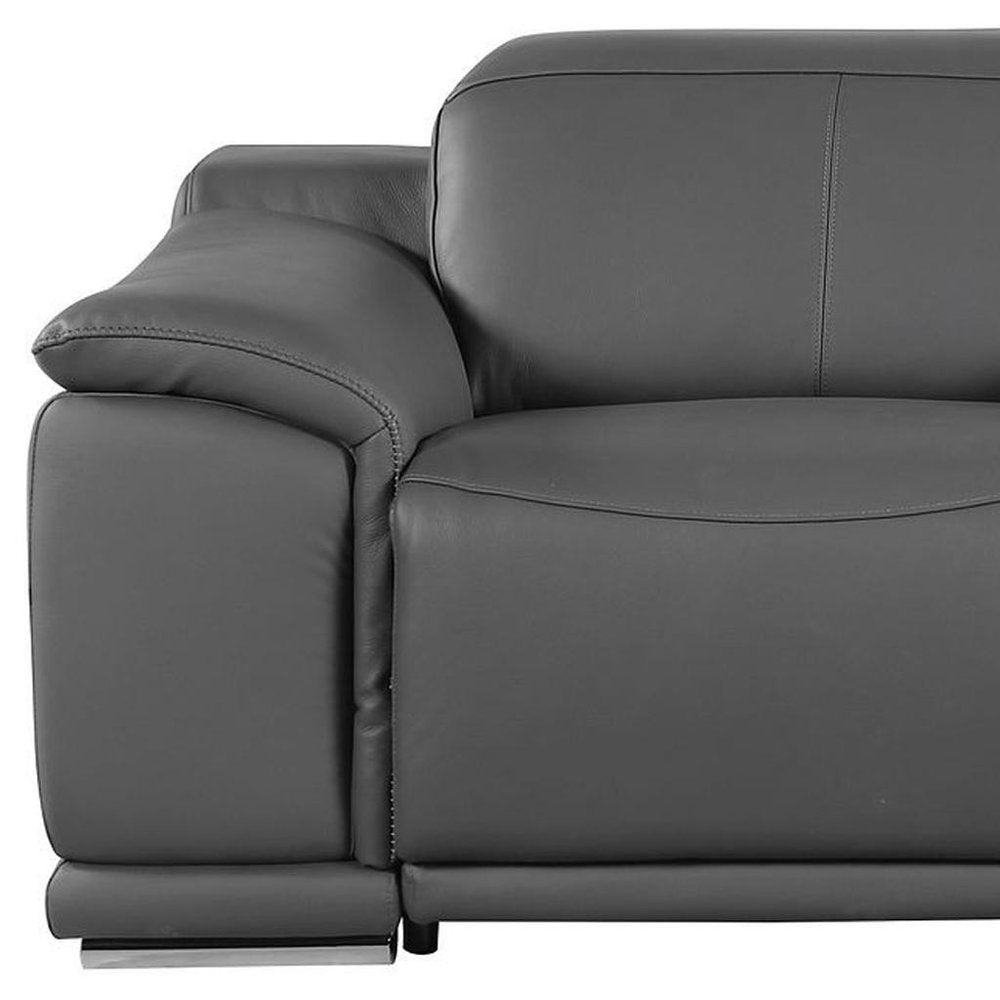 107" Dark Gray and Silver Italian Leather Power Reclining Loveseat With Storage