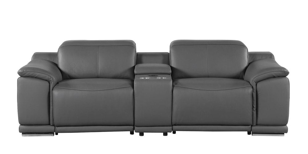 107" Dark Gray and Silver Italian Leather Power Reclining Loveseat With Storage