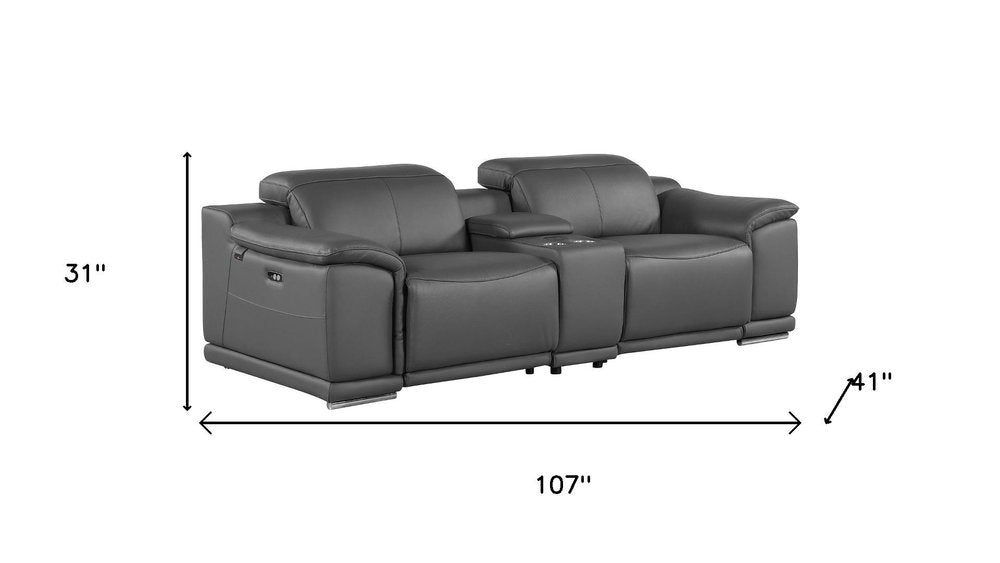 107" Dark Gray and Silver Italian Leather Power Reclining Loveseat With Storage