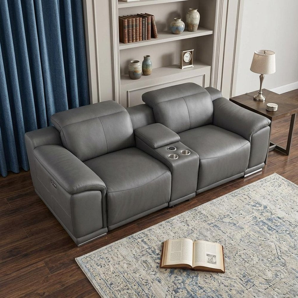 107" Dark Gray and Silver Italian Leather Power Reclining Loveseat With Storage