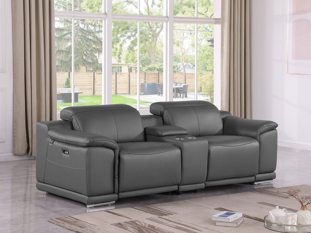 107" Dark Gray and Silver Italian Leather Power Reclining Loveseat With Storage