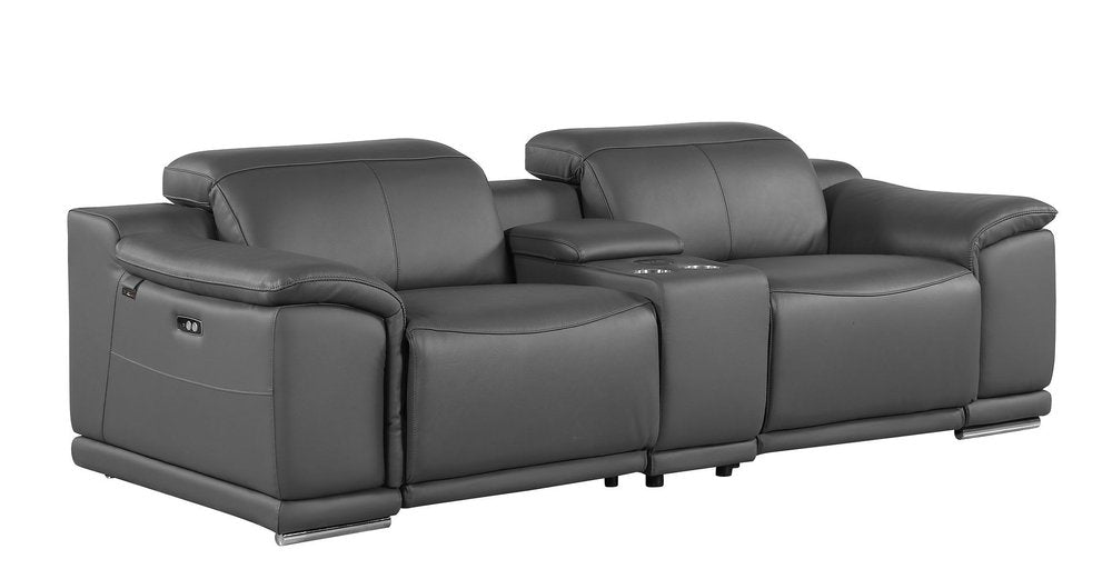 107" Dark Gray and Silver Italian Leather Power Reclining Loveseat With Storage