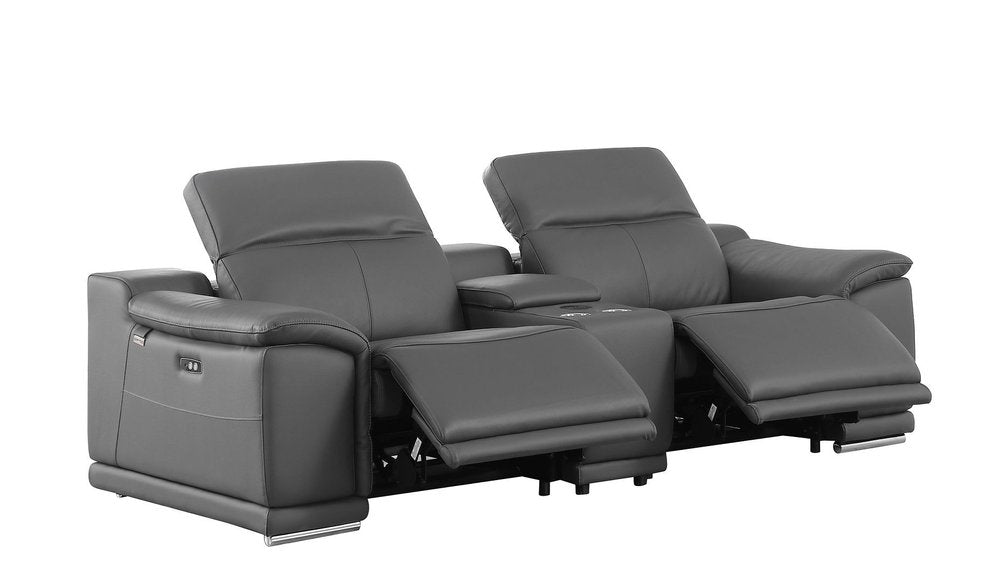 107" Dark Gray and Silver Italian Leather Power Reclining Loveseat With Storage