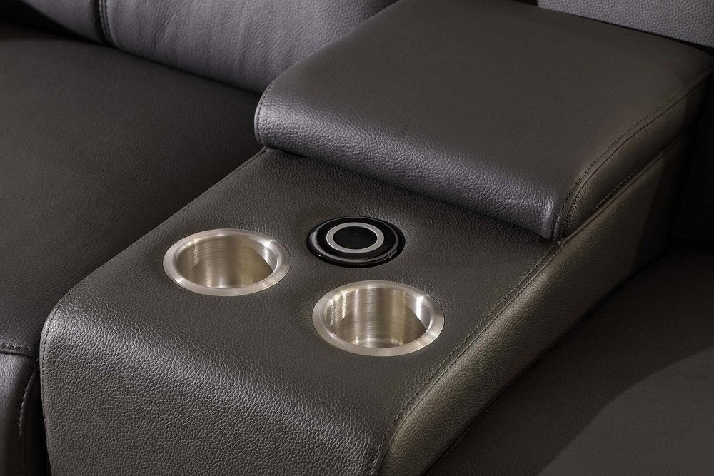 107" Dark Gray and Silver Italian Leather Power Reclining Loveseat With Storage