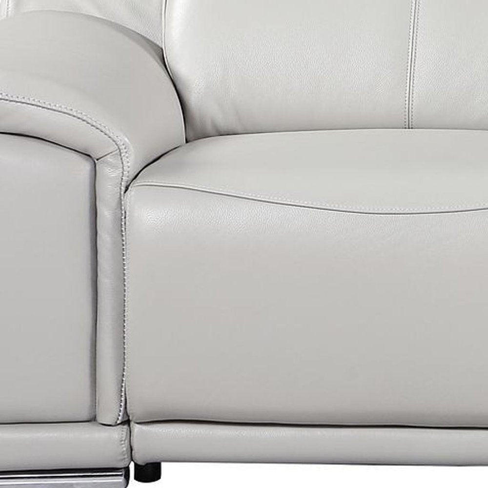 93" Light Gray and Silver Italian Leather Power Reclining Loveseat With Storage