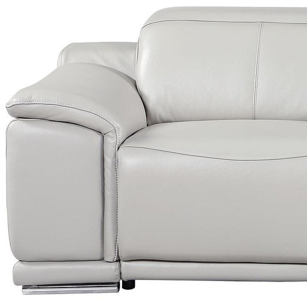 93" Light Gray and Silver Italian Leather Power Reclining Loveseat With Storage