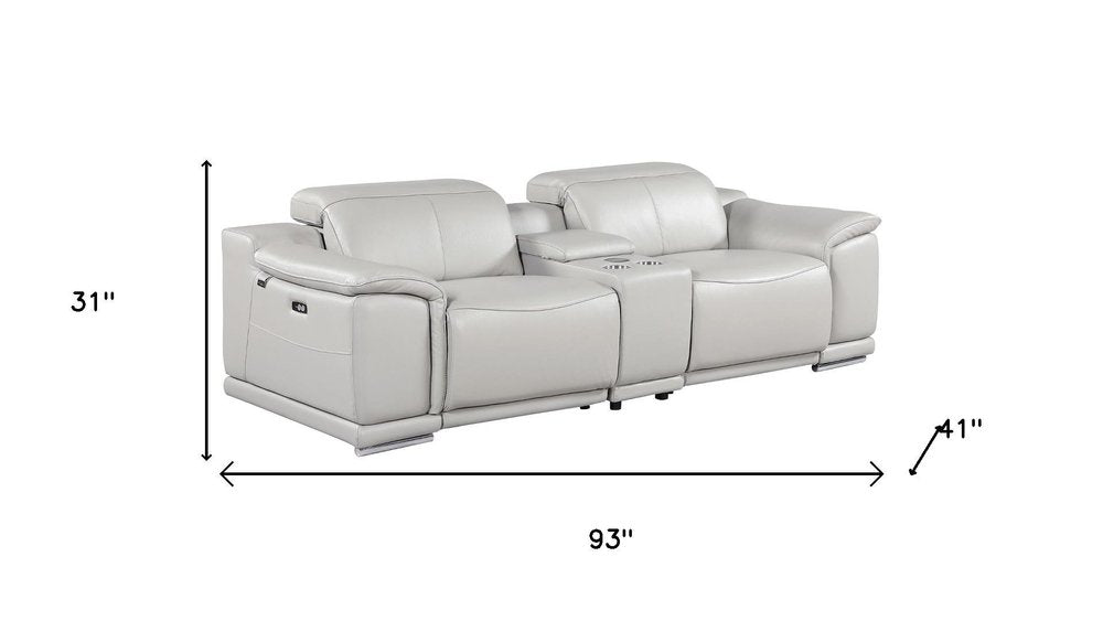 93" Light Gray and Silver Italian Leather Power Reclining Loveseat With Storage