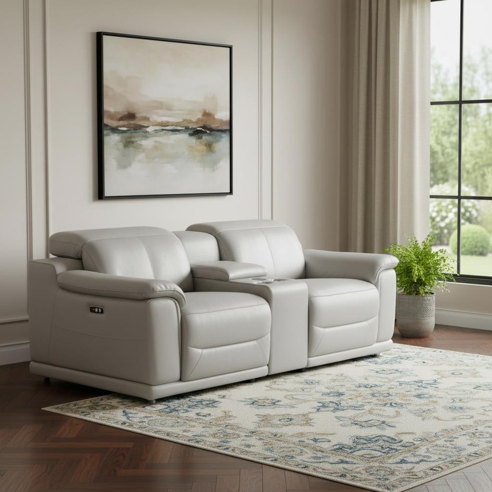 93" Light Gray and Silver Italian Leather Power Reclining Loveseat With Storage
