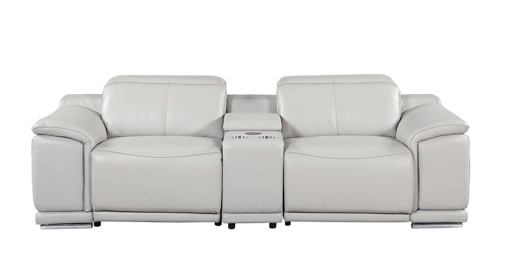 93" Light Gray and Silver Italian Leather Power Reclining Loveseat With Storage