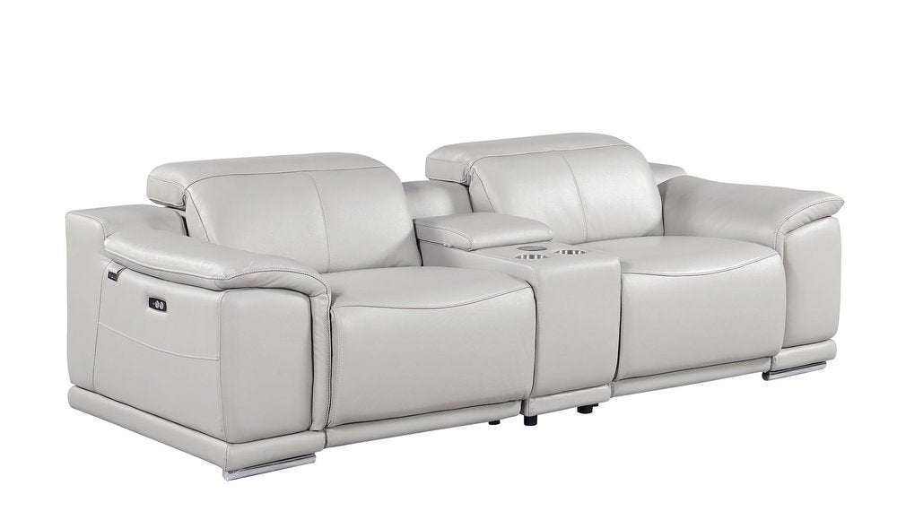 93" Light Gray and Silver Italian Leather Power Reclining Loveseat With Storage