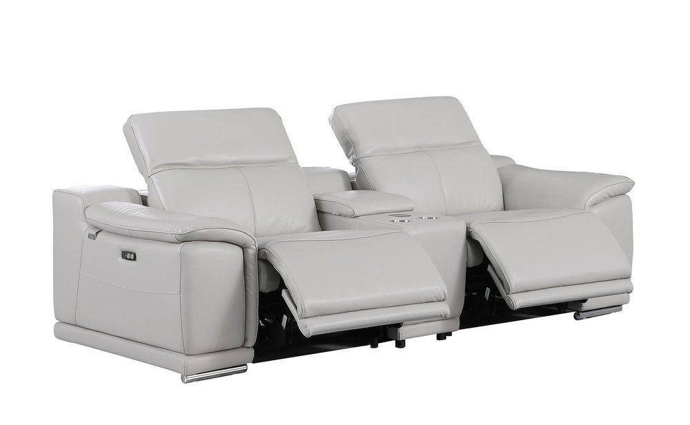 93" Light Gray and Silver Italian Leather Power Reclining Loveseat With Storage