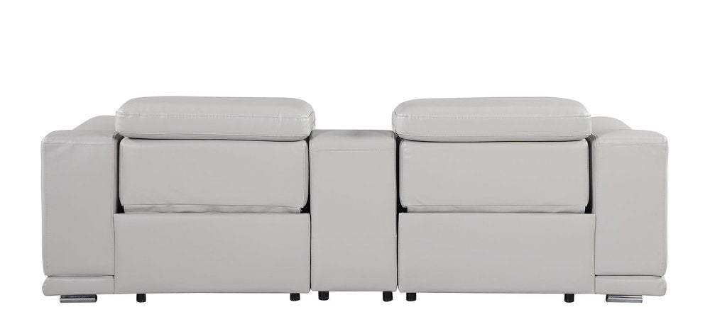 93" Light Gray and Silver Italian Leather Power Reclining Loveseat With Storage
