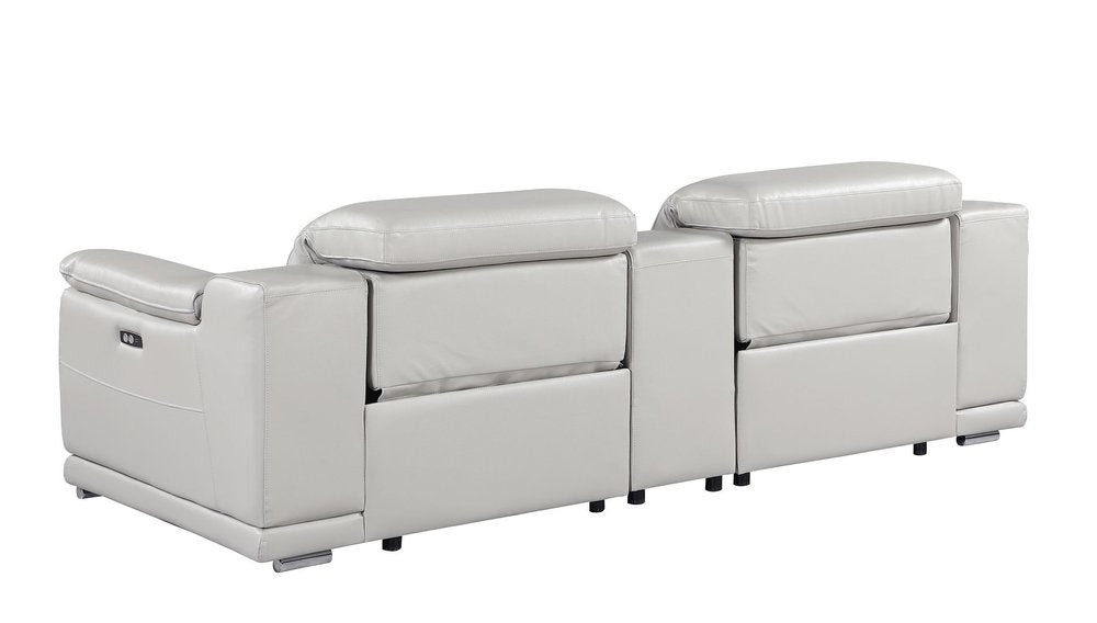 93" Light Gray and Silver Italian Leather Power Reclining Loveseat With Storage