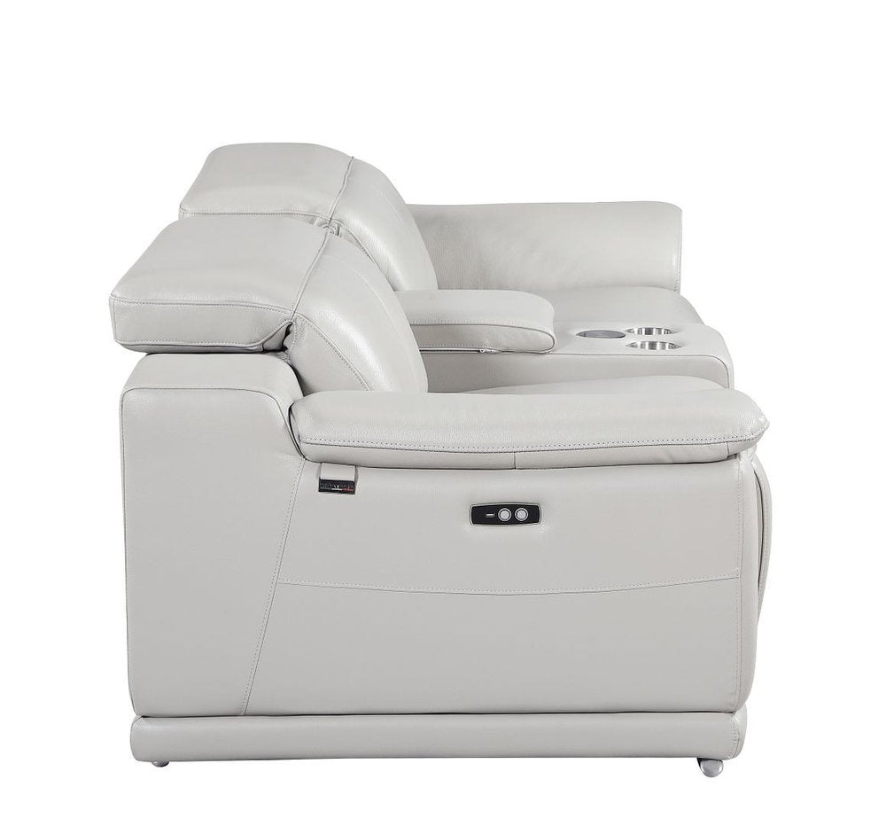 93" Light Gray and Silver Italian Leather Power Reclining Loveseat With Storage