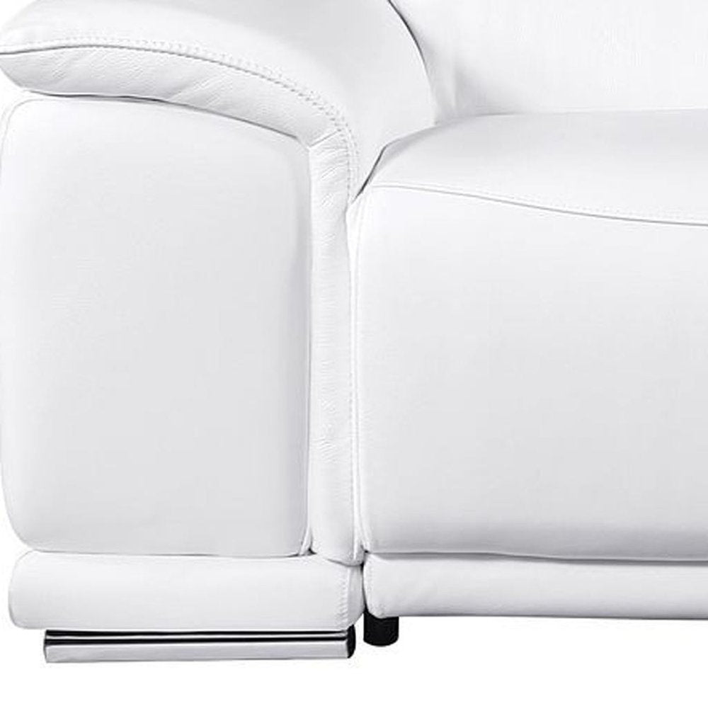 107" White and Silver Italian Leather Power Reclining Loveseat With Storage