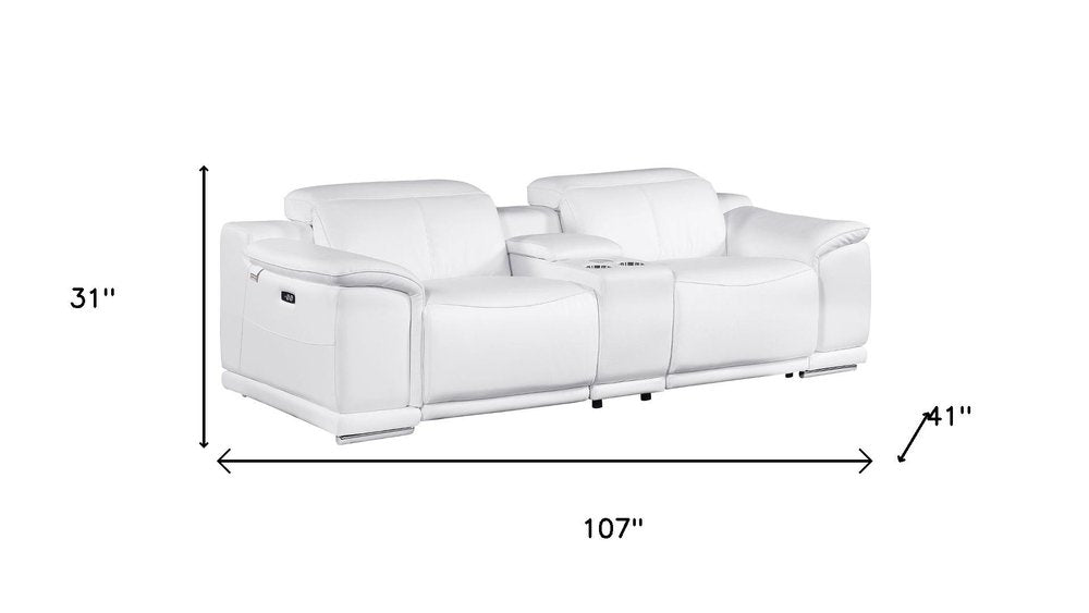 107" White and Silver Italian Leather Power Reclining Loveseat With Storage