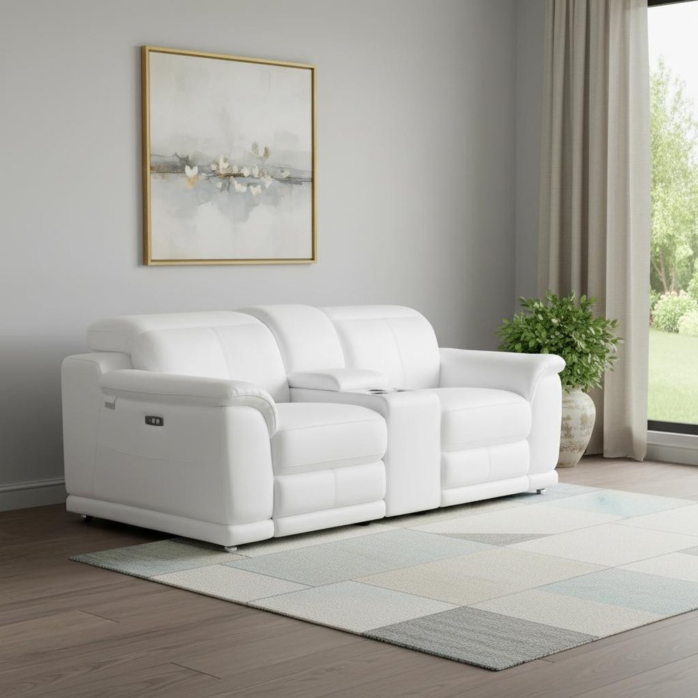 107" White and Silver Italian Leather Power Reclining Loveseat With Storage