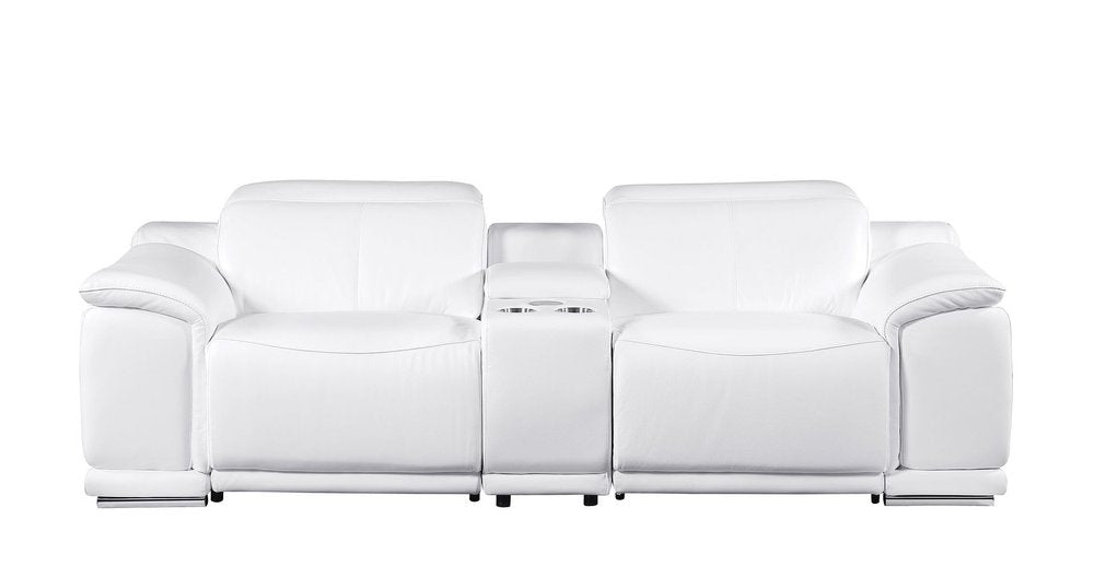 107" White and Silver Italian Leather Power Reclining Loveseat With Storage