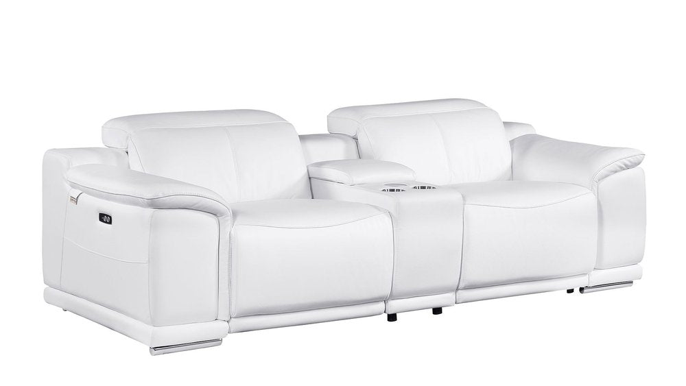 107" White and Silver Italian Leather Power Reclining Loveseat With Storage