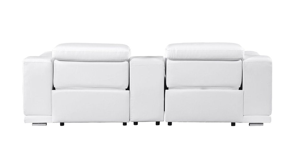 107" White and Silver Italian Leather Power Reclining Loveseat With Storage