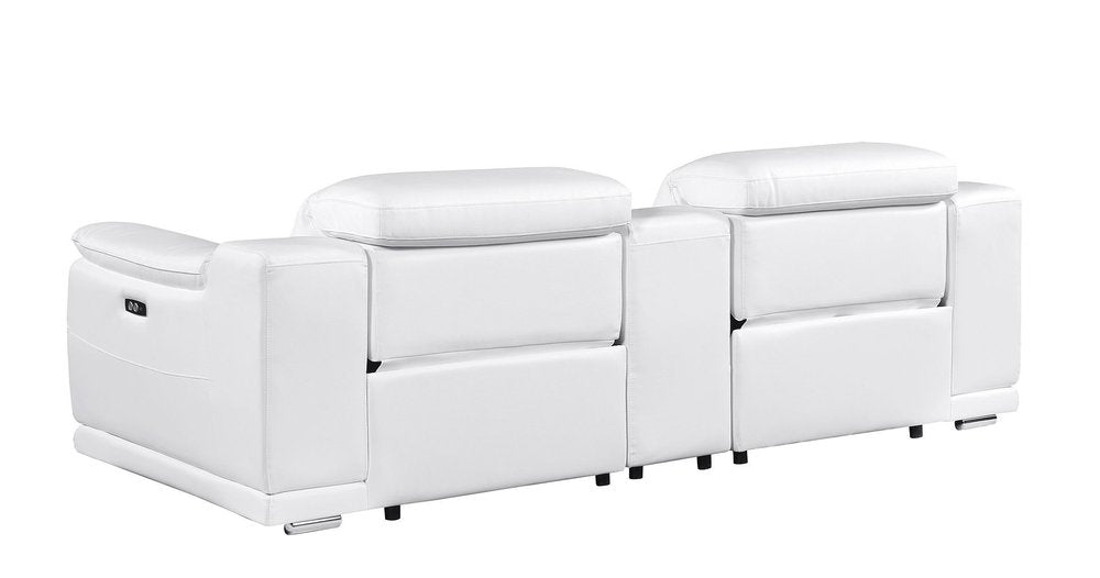 107" White and Silver Italian Leather Power Reclining Loveseat With Storage