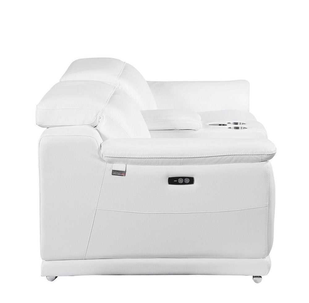 107" White and Silver Italian Leather Power Reclining Loveseat With Storage