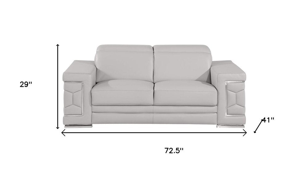 73" Light Gray and Silver Leather Reclining Loveseat