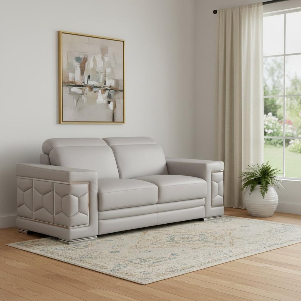 73" Light Gray and Silver Leather Reclining Loveseat