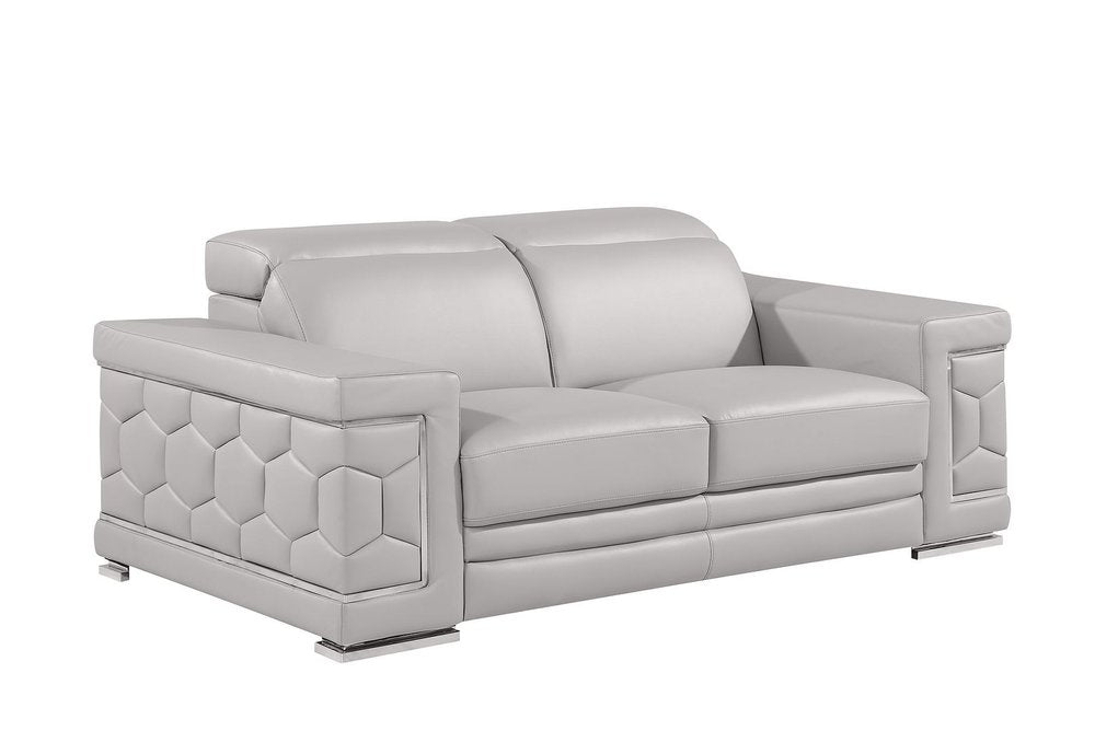 73" Light Gray and Silver Leather Reclining Loveseat