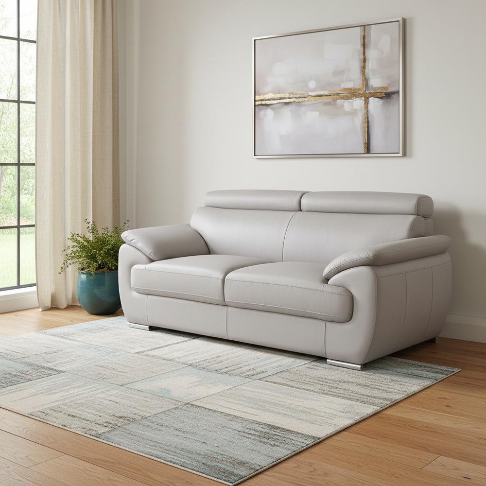 69" Light Gray and Silver Leather Loveseat