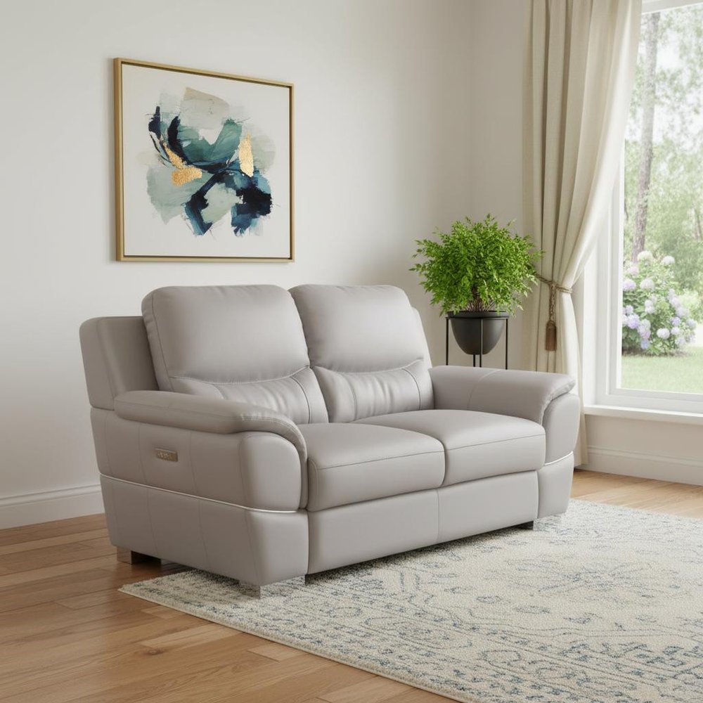 69" Light Gray and Silver Leather Loveseat