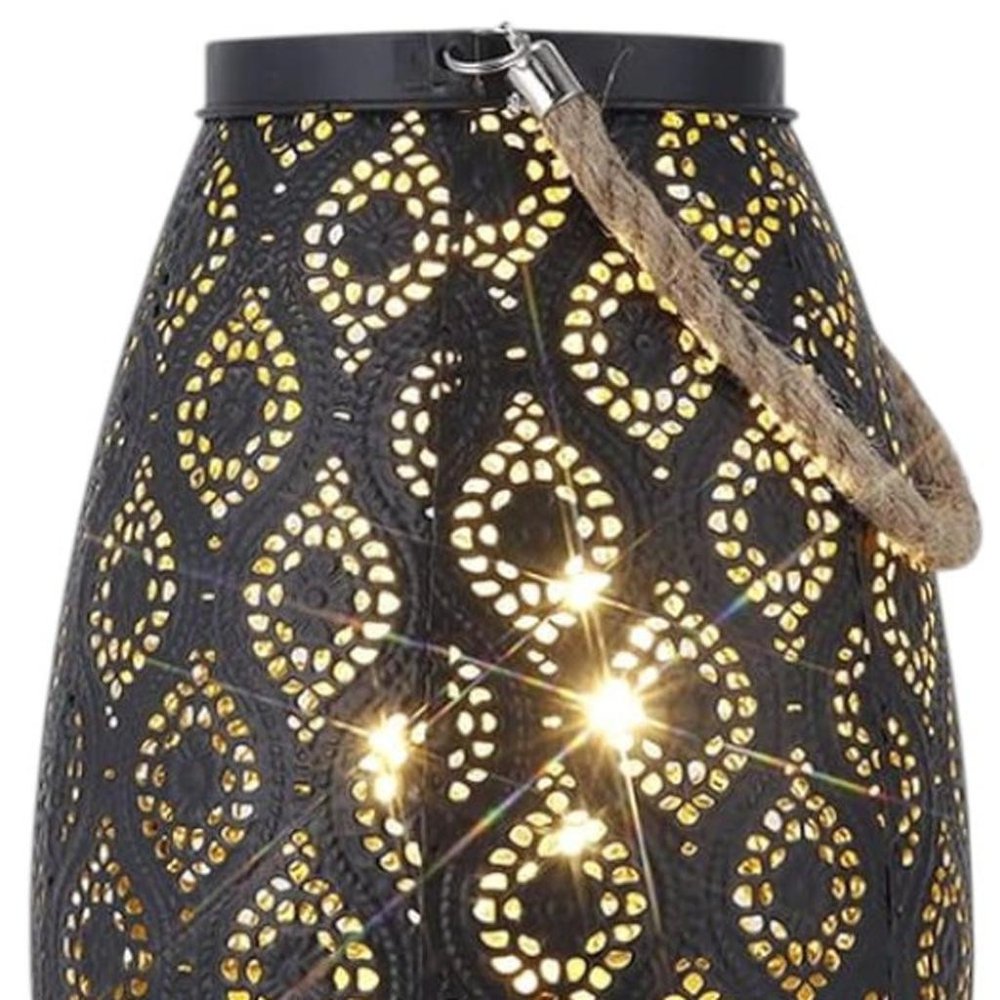 8" Black Metal Battery Operated Pierced Geometric Lantern