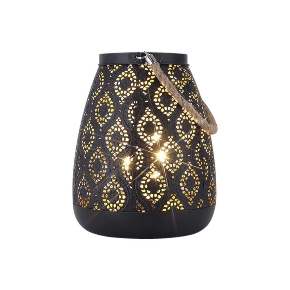8" Black Metal Battery Operated Pierced Geometric Lantern