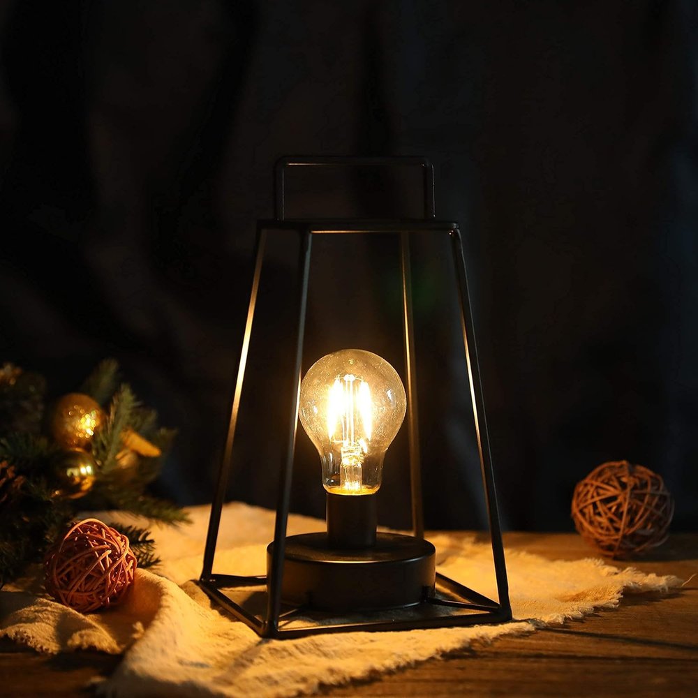 10" Black Metal Geometric Battery Operated Desk Lamp With Novelty Shade