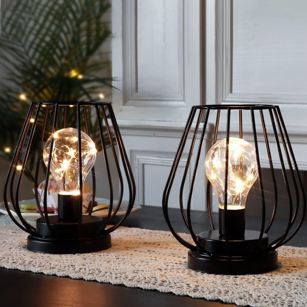 Set of Two 7" Black Geometric Cage Cordless Desk Lamps