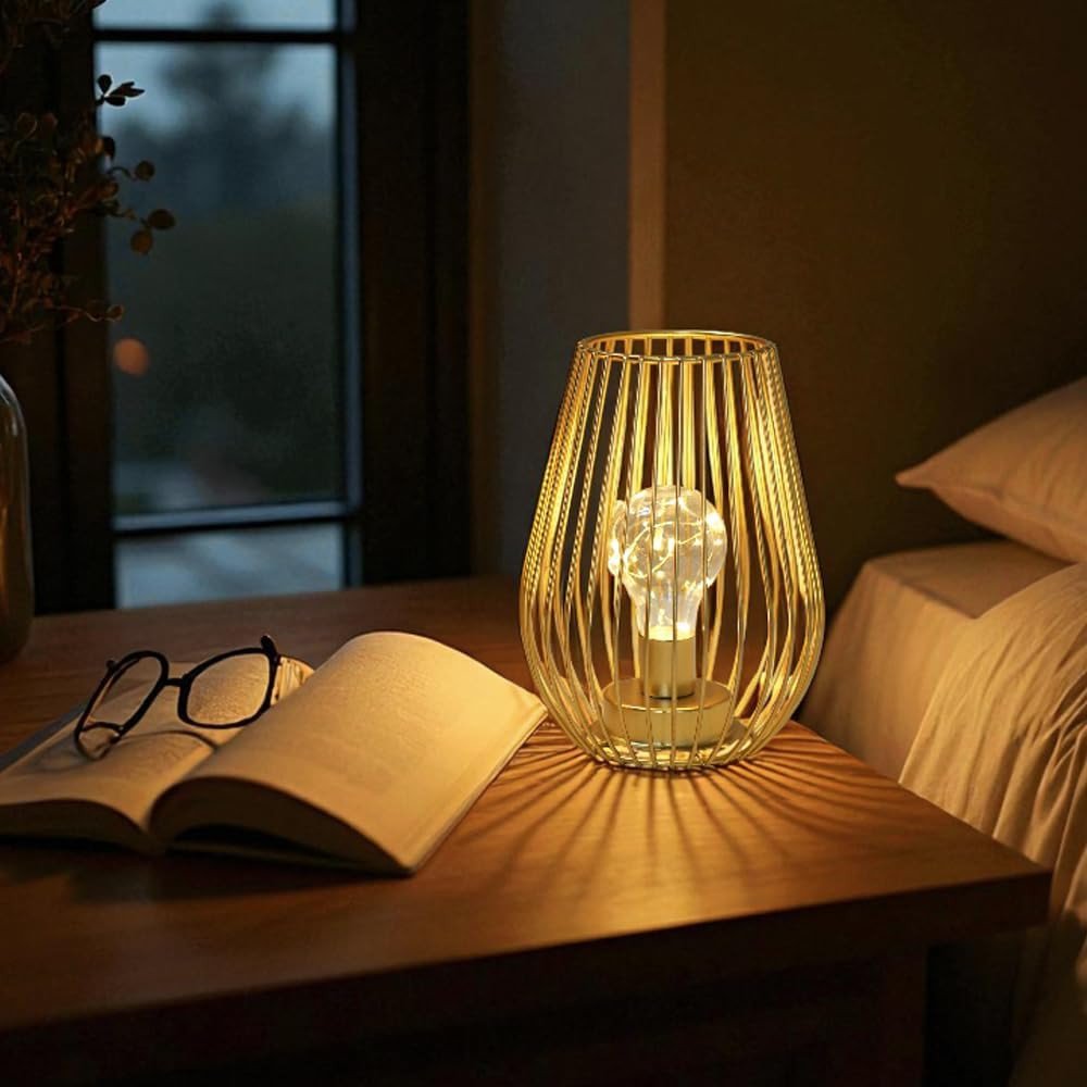 8" Gold Geometric Novelty Lantern With Novelty Shade