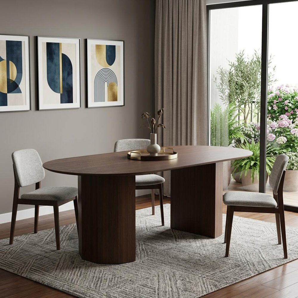 86" Walnut Wood Double Pedestal Base Oval Dining Table