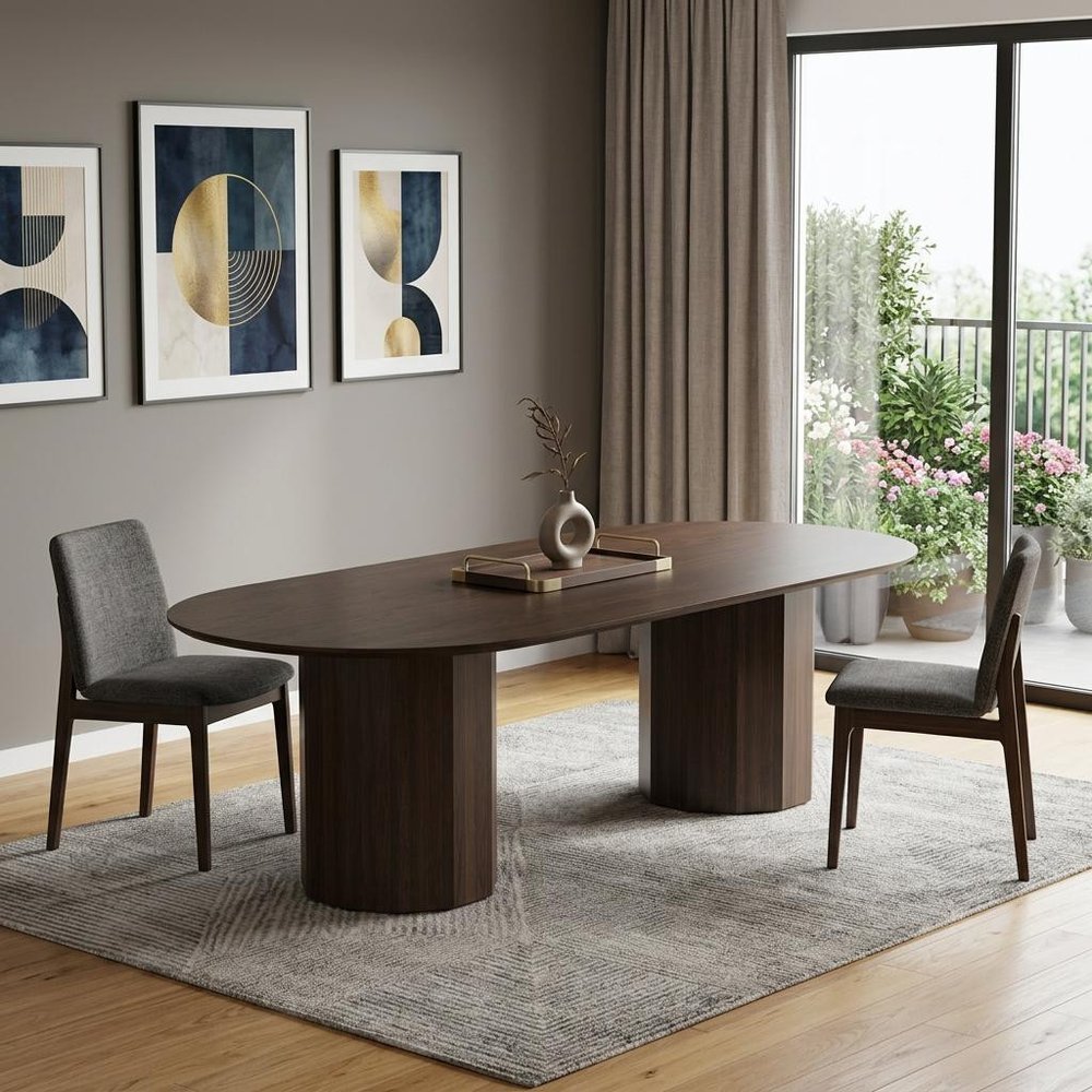 86" Walnut Solid Wood Double Pedestal Base Oval Dining Table