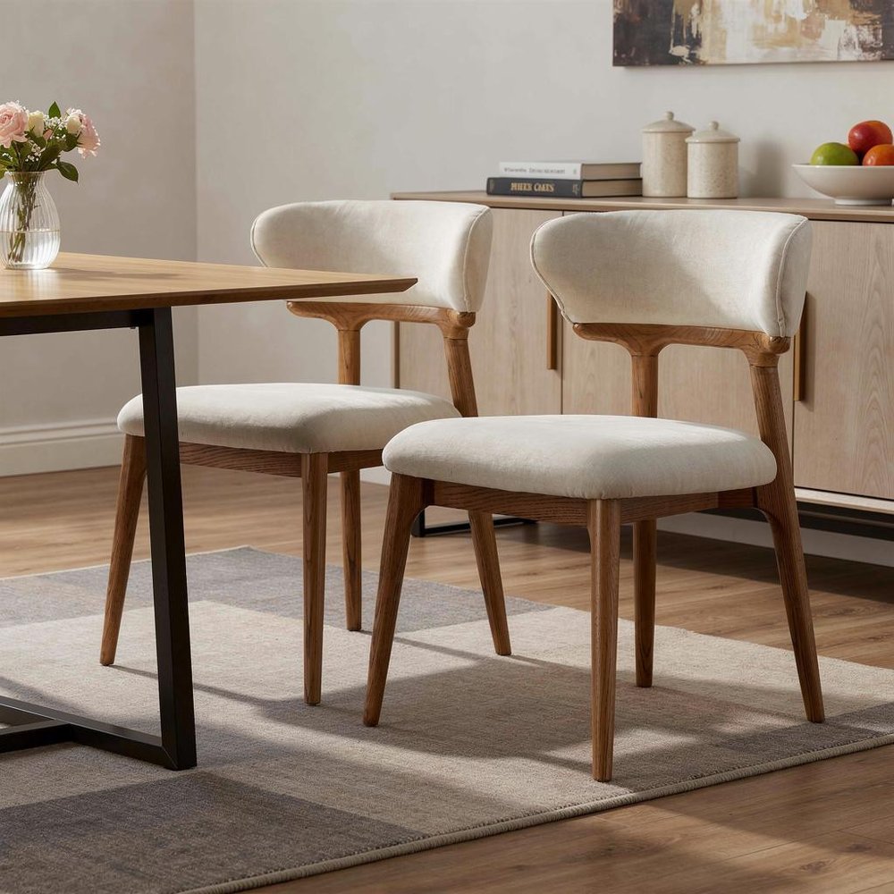 Set of Two White and Brown Upholstery Open Back Dining Side Chairs