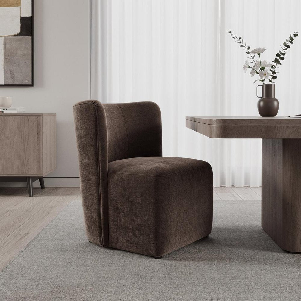 Taupe and Brown Upholstery Dining Side Chair With Wheels