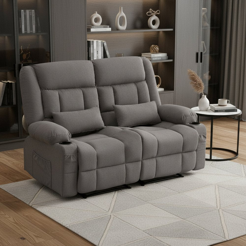 47" Gray Microfiber Manual Reclining Loveseat With Storage and Toss Pillows