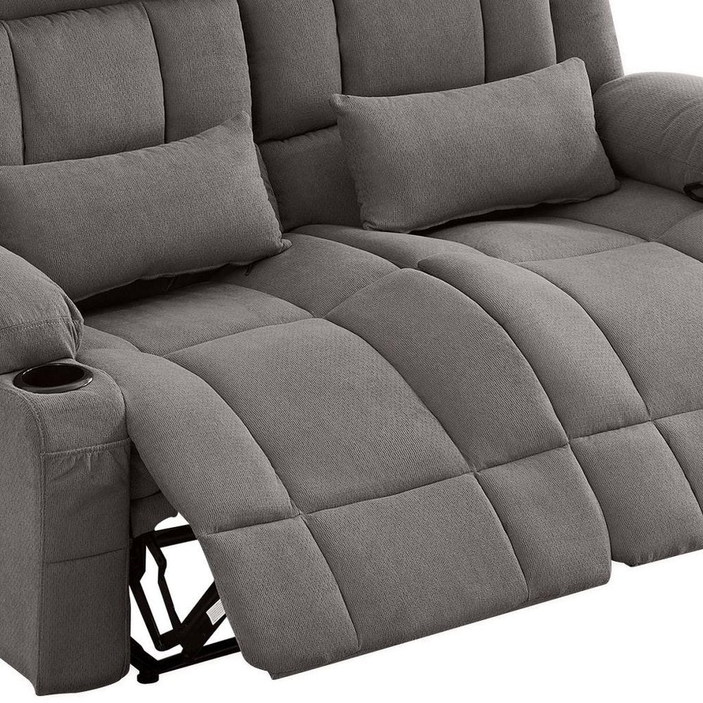 47" Gray Microfiber Manual Reclining Loveseat With Storage and Toss Pillows
