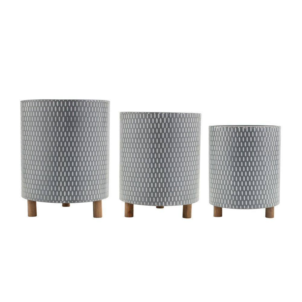 Set of Three Blue White And Gray Wood And Metal 58 Ounce Geometric Round Pot Planters
