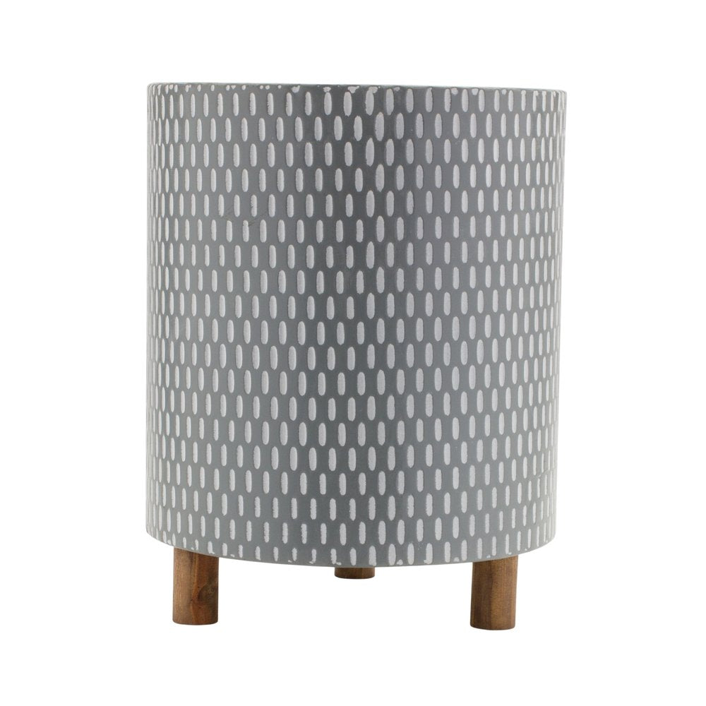 Set of Three Blue White And Gray Wood And Metal 58 Ounce Geometric Round Pot Planters