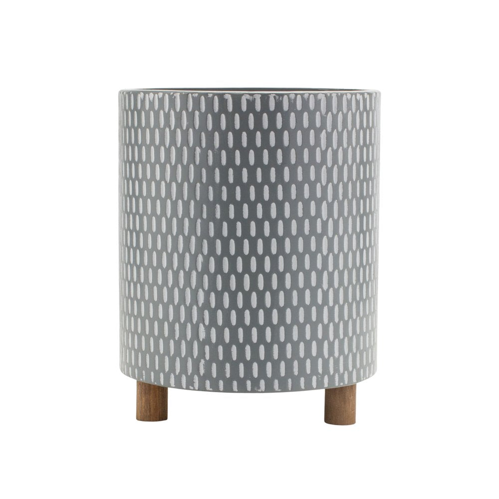 Set of Three Blue White And Gray Wood And Metal 58 Ounce Geometric Round Pot Planters