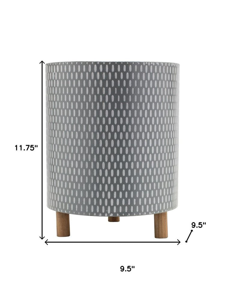 Set of Three Blue White And Gray Wood And Metal 58 Ounce Geometric Round Pot Planters